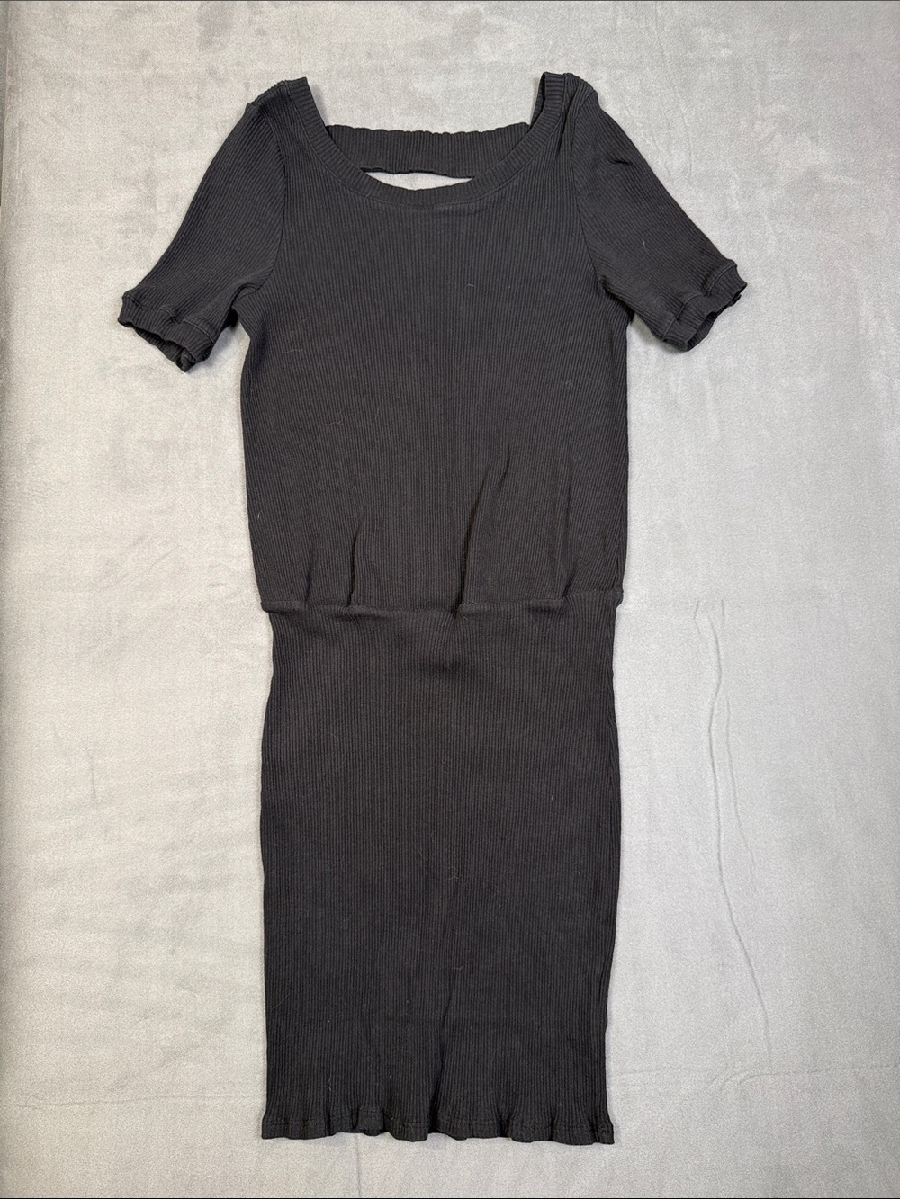 Free People Black Ribbed Short-Sleeve Midi Dress